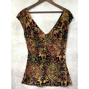 Santiki Women Batik Print Top Size L Beaded Stretch Flowy Boho Indie Hippie Folk